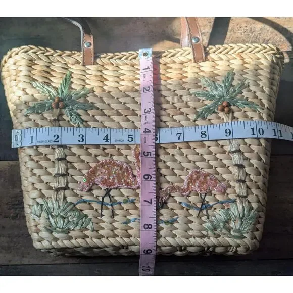 Vintage Y2K Cappelli Straworld Flamingo Sequin Straw Beach Tote Bag - Picture 6 of 6
